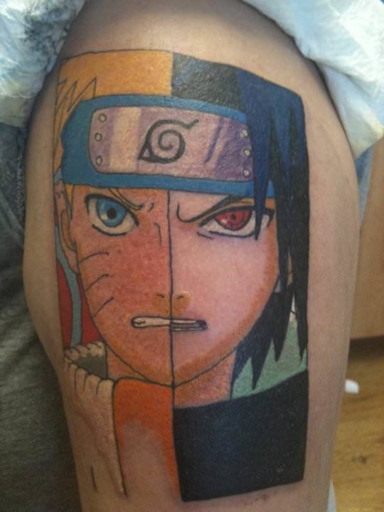 A tattoo that combines Naruto and Sasuke from the anime series Naruto, making one face out of both characters