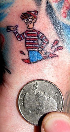 A tiny Wheres Waldo tattoo that gives the impression that Waldo was hiding under the person's skin