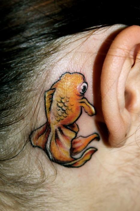 A tiny goldfish tattoo behind a girls ear is sweet symbol of good fortune and prosperity