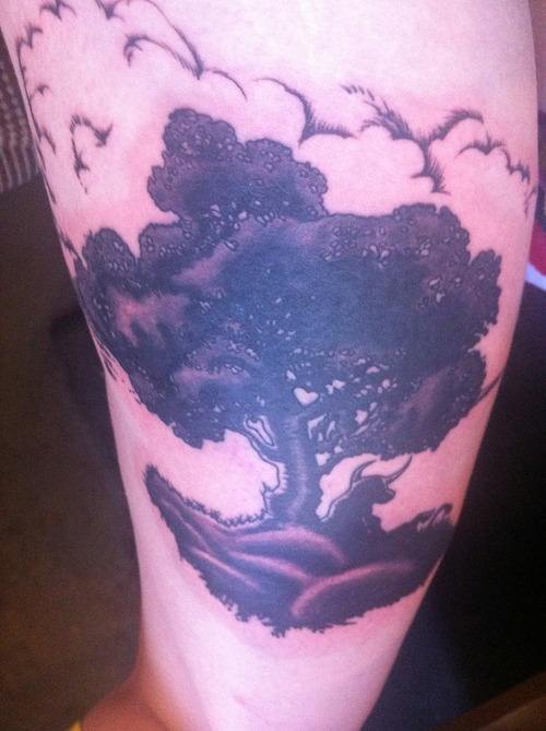 An illustration tattoo of Ferdinand the Bull from the childrens book The Story of Ferdinand