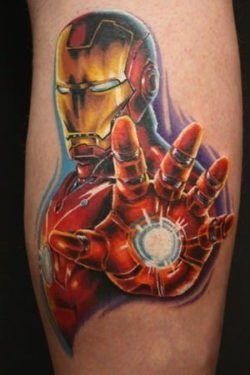 This Iron Man tattoo shows the comic book character in a power pose