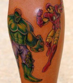 This tattoo shows two of Marvel's comic book heroes, Iron Man and the Hulk