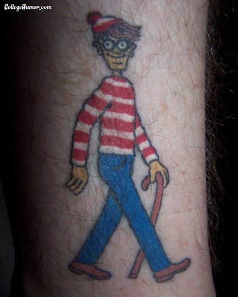 Waldo, found on skin as a Wheres Waldo tattoo. In this tattoo, Waldo carries his walking stick