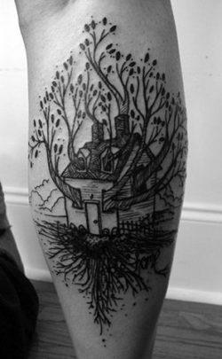 A clever tattoo by David Hale that is a visual pun on the word Treehouse