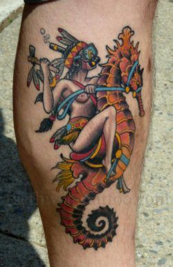 A fun tattoo design that shows a topless Native American girl riding a seahorse