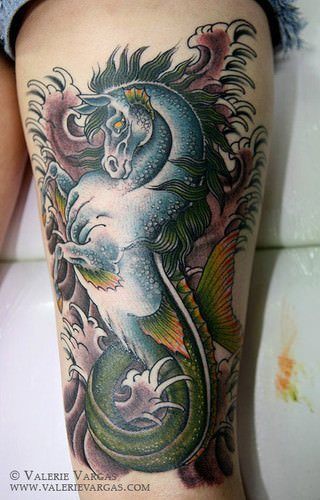 A high quality tattoo design that combines a horse and a mermaid tail to create a seahorse