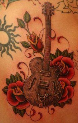 A romantic tattoo design of a classical guitar surrounded by roses