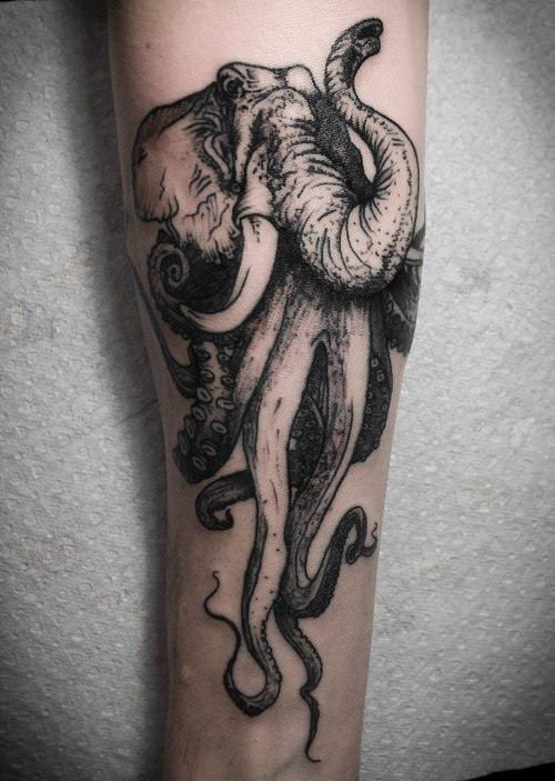 A surrealist tattoo design that combines an elephant and an octopus 