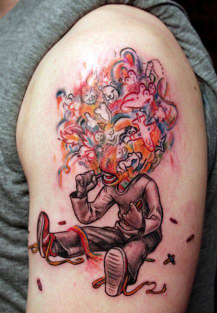 A tattoo by Shawn Barber of an art work by James Jean called the Crayon Eater