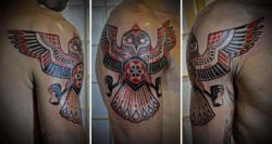 A tribal inspired tattoo design of an owl with its wings spread by David Hale