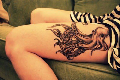 An octopus tattoo on a girls upper thigh is placed so that it can be hidden by clothing