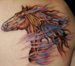 This horse tattoo shows feathers in the horses mane in a Native American style