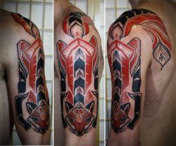 This tattoo of a red fox combines tribal designs and David Hales unique illustrative style