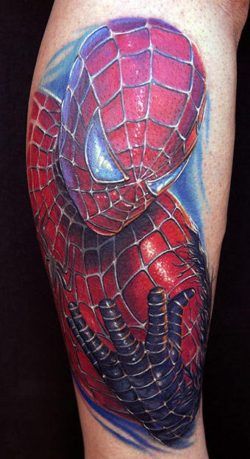 A beautifully realtistic tattoo of the Marvel Comics superhero, Spiderman