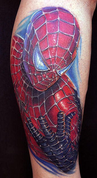 A beautifully realistic tattoo of the Marvel Comics superhero, Spiderman