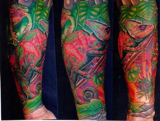 A crisp and colorful chameleon tattoo by Mike Devries that shows the lizard in its natural environment