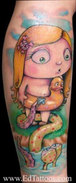 A cute little girl with a rubber ducky is about to get eaten by a tentacled monster in this Ed Perdomo tattoo