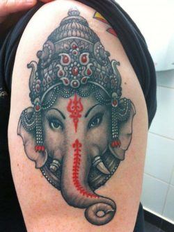 A portrait tattoo of Ganesh allows the tattoo artist to add detail while working on a smaller area of the body