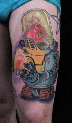 A robot with a goldfish brain holds a glowing light bulb in this cartoon style tattoo by Ed Perdomo