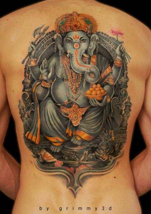 A tattoo by Grimmy3D of the Hindu god Ganesh