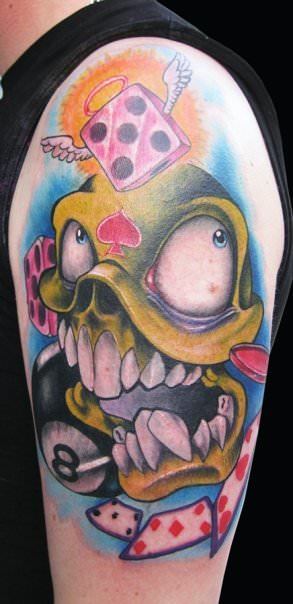 An Ed Perdomo new school tattoo with a new take on the traditional skull, dice and eight ball tattoo design