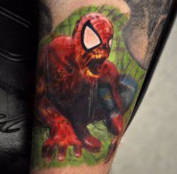 An artistic, painted style tattoo of Spider-Man from the Marvel Zombies comic book series