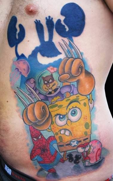 Characters from the popular cartoon series Spongebob Square Pants are featured in this Ed Perdomo tattoo