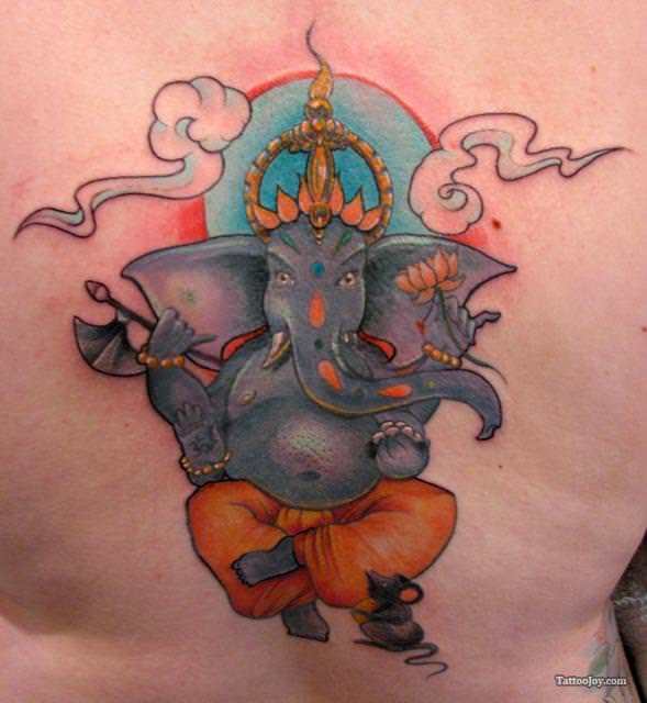 This tattoo of Ganesh shows the elephant god with a rat sitting at his feet