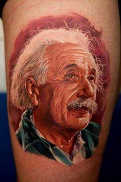 A photorealistic portrait tattoo of Albert Einstein by Dmitriy Samohin