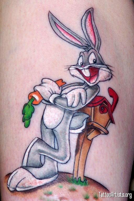 A tattoo of the Warner Bros character Bugs Bunny in a typical carefree pose