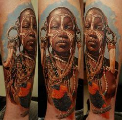 Brilliant photorealistic tattoo design by Dmitriy Samohin of a tribal African girl with a bird