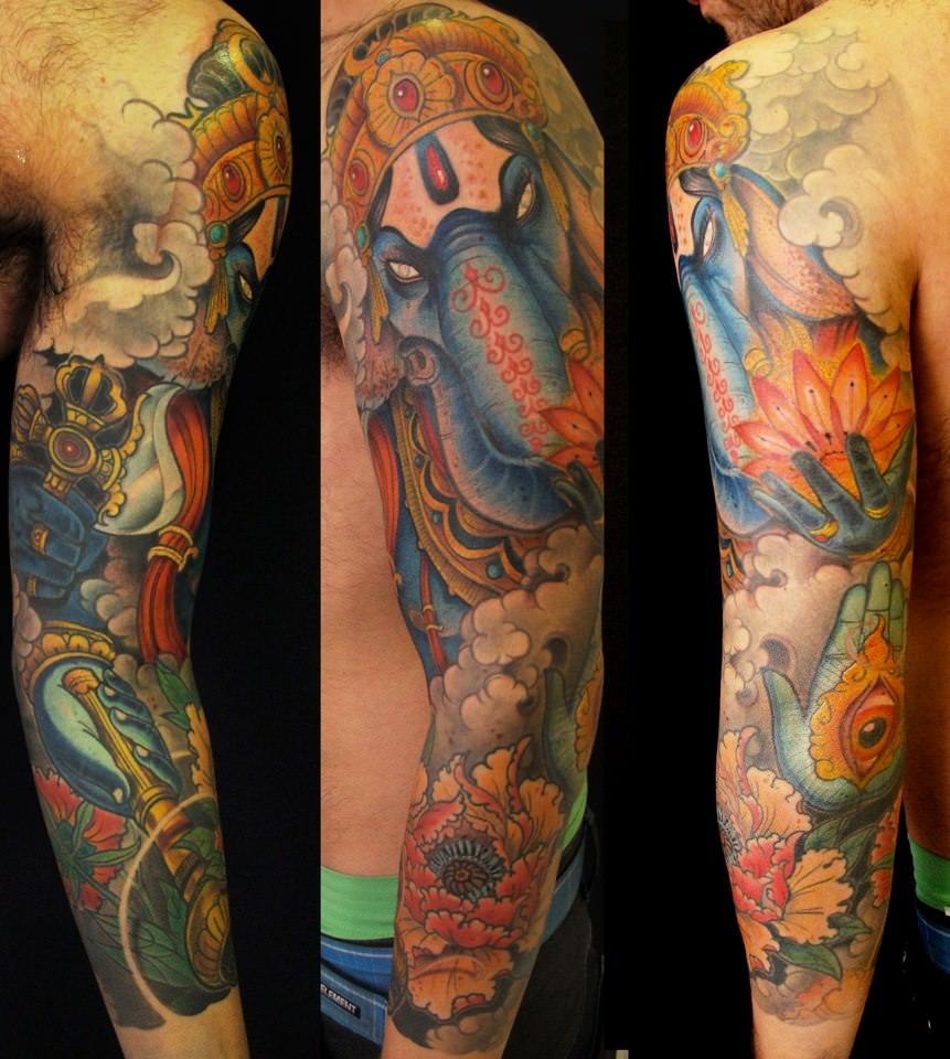 The Hindu elephant god Ganesh takes on a new form in this new school tattoo by Jee Sayalero
