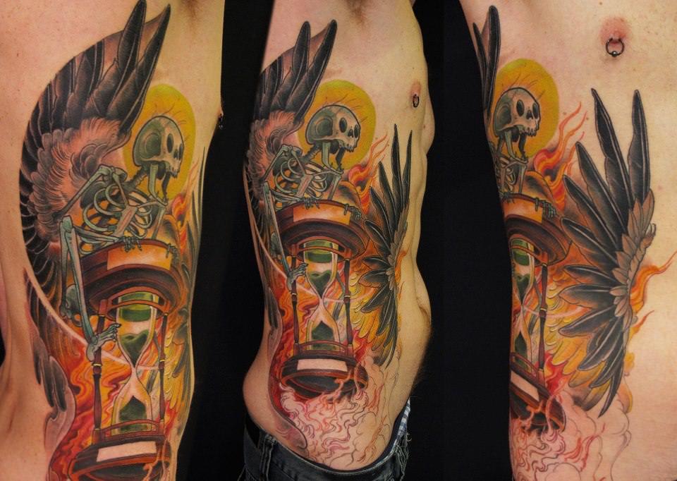 This new school tattoo design by Jee Sayalero takes death and mortality and displays them in a humorous way