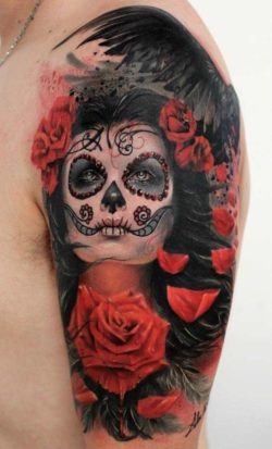 A beautiful photo realistic tattoo of rose flowers and a girl with sugar skull face paint by Alex de Pase