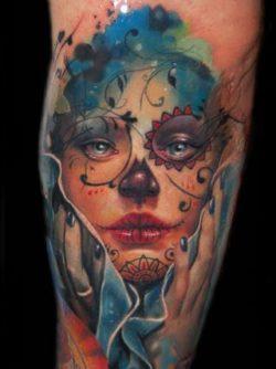 A beautiful sugar skull portrait tattoo by artist Alex de Pase
