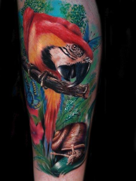 A colorful photo realistic tattoo of a parrot and insects by Alex de Pase