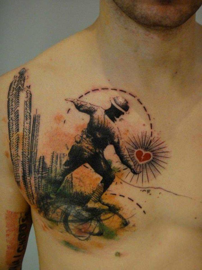A soldier throws a heart at city buildings in this artistic abstract tattoo by Xoil