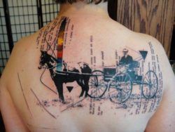 Abstract tattoo artist Xoil combines an old photograph of a horse carriage with text