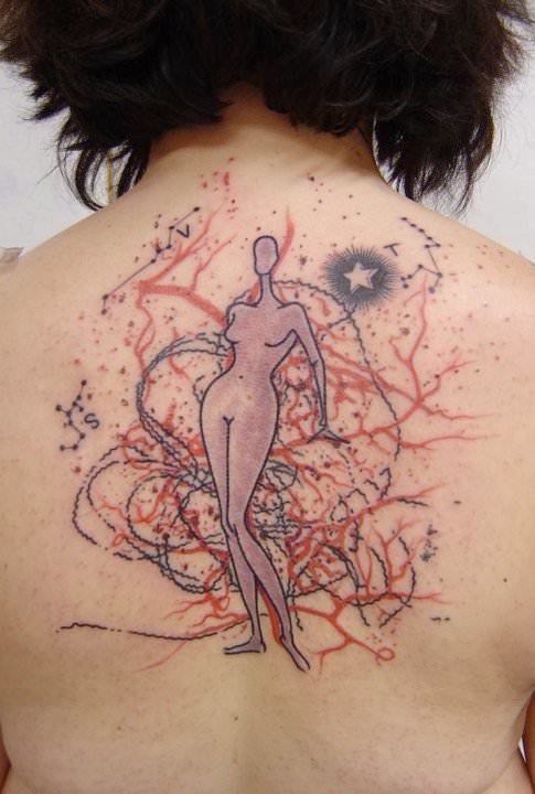 An abstract woman poses with veins and constellations in this artistic tattoo by Xoil