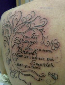 An inspiratinal saying from the Winnie the Pooh books is the subject of this text and illustration tattoo