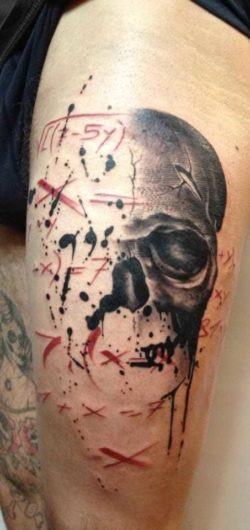 Pietro Romano combines a human skull and mathematical formula in this abstract tattoo designPietro Romano combines a human skull and mathematical formula in this abstract tattoo design
