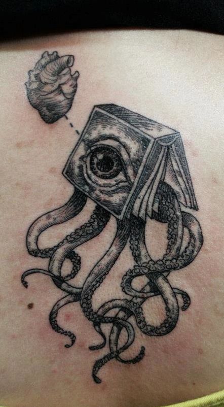 This obscure little tattoo design by Otto D Ambra combines a human heart and eye with a book and an octopus