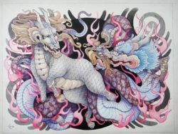 A Japanese kirin and dragon interact in this bold tattoo drawing by artist Xenija