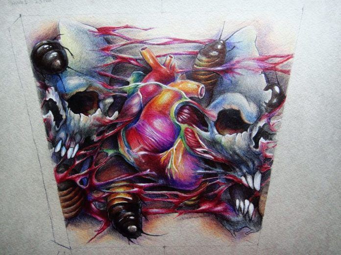 A human heart and two human skulls appear with insects in this amazing tattoo design by Xenija