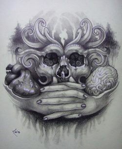 A skull, hands, heart and brain emerge from a dark forest in this tattoo drawing by Xenija