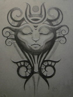 A tattoo sketch that appears both tribal and spiritual by tattoo artist Xenija