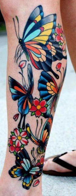 An old school tattoo style gives these butterflies a bold, colorful appeal