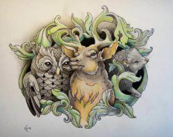 An owl, deer and a hedgehog pose with heraldry designs in this tattoo drawing by Xenija
