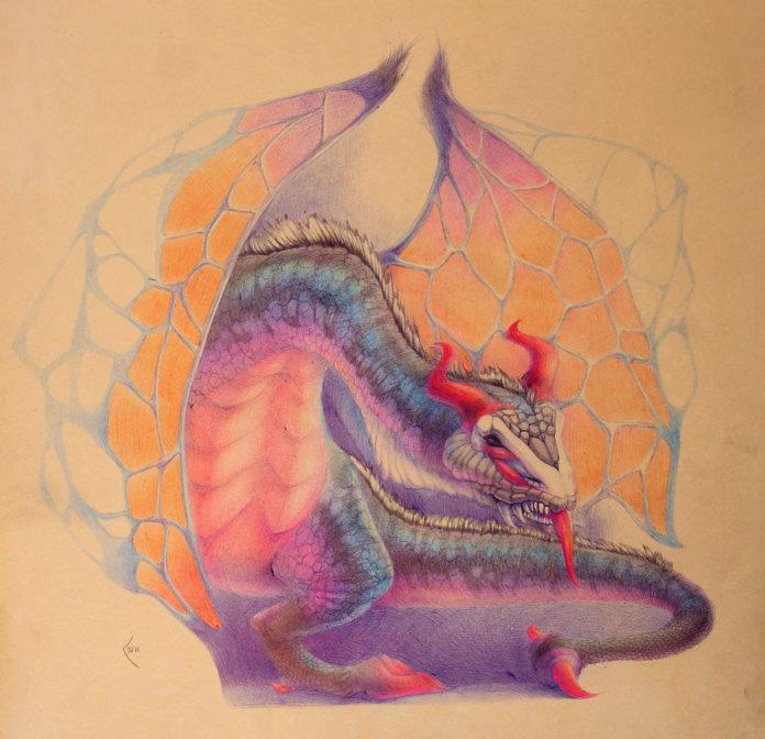 An unfinished tattoo drawing by artist Xenija of a fantay dragon with red horns