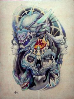 Demons, skulls and fantasy warriors converge in this tattoo drawing by Xenija
